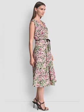 Dkny Pink, Green & White Floral V-Neck Midi Dress